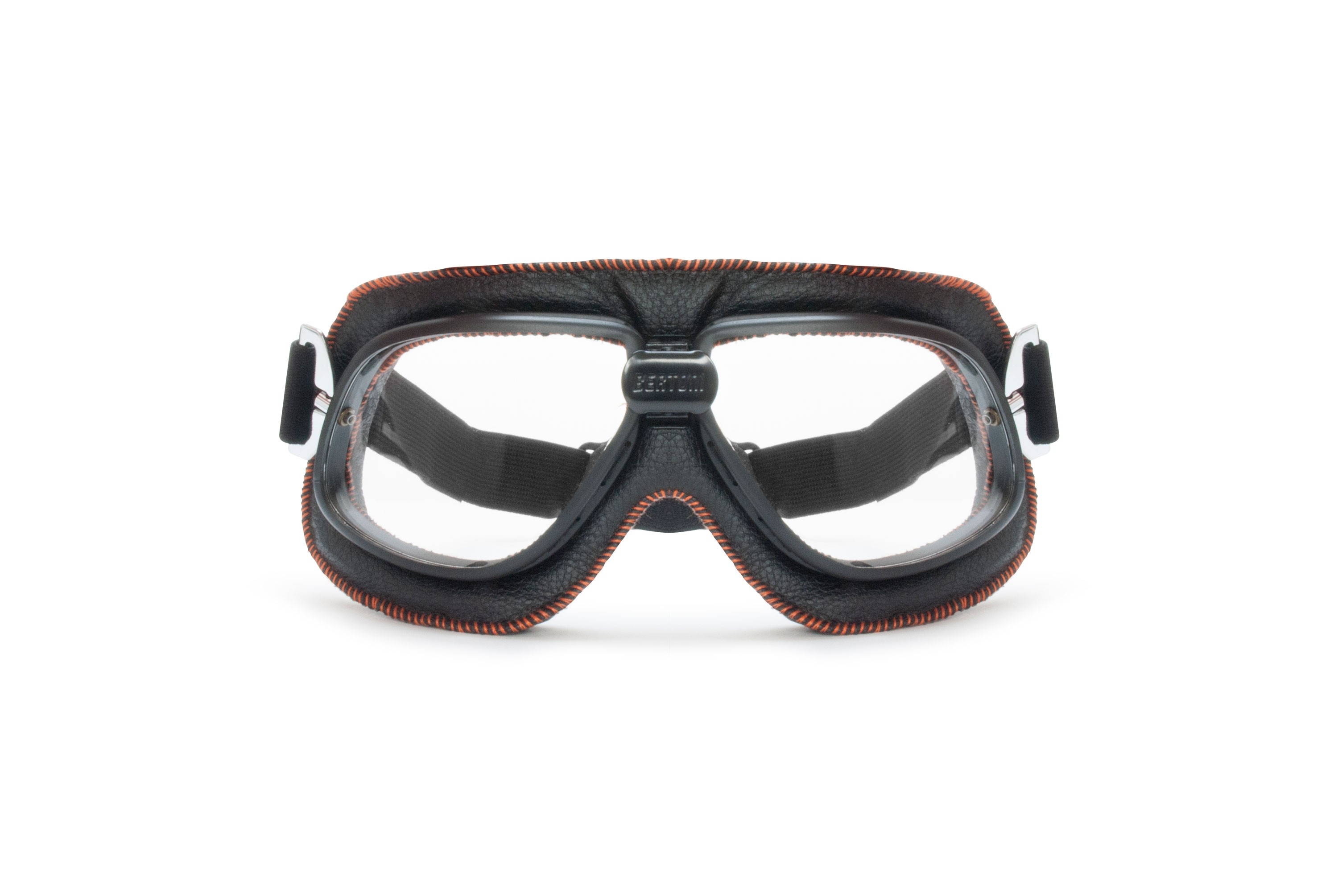 Vintage Motorcycle Goggles in Black Leather and Orange Stitching with Smoke Lenses By Bertoni Italy - AF196A