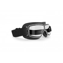 Black leather goggles with chrome metal frame - Compact design great for wearing with helmets | Bertoni Italy
