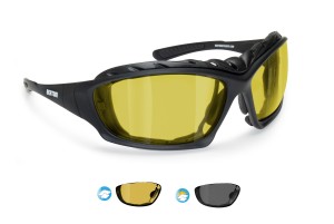 Motorcycle Goggles Sunglasses- Photochromic Antifog Lens - Interchangeable Arms and Strap - by Bertoni Italy - F366A - Removable Optical Clip for Prescription lenses included