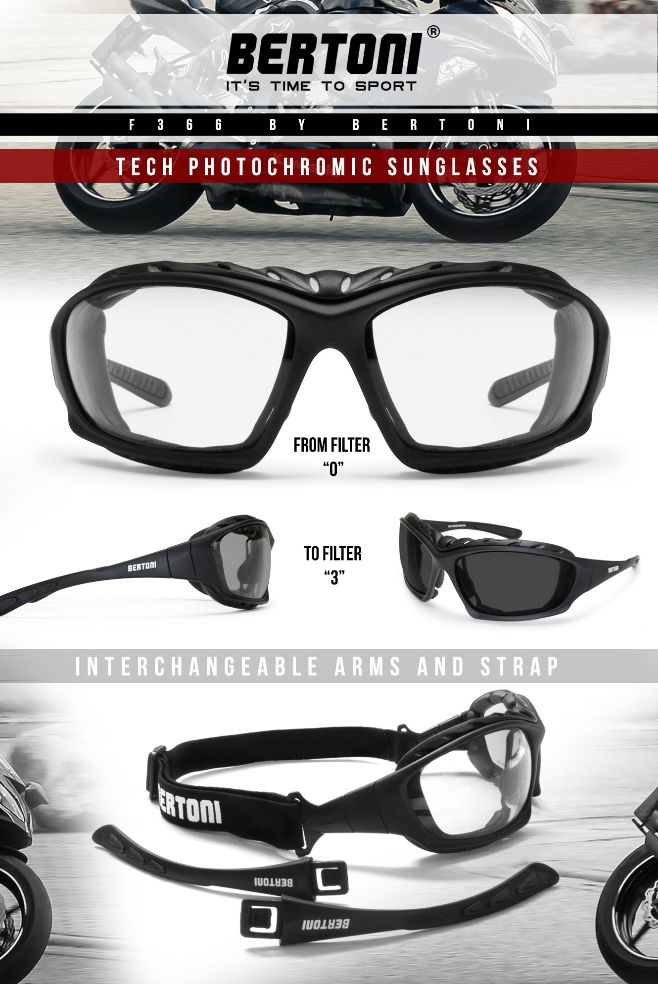 F366 Bertoni Sport Prescription Photochromic Sunglasses Convertible to Goggles
