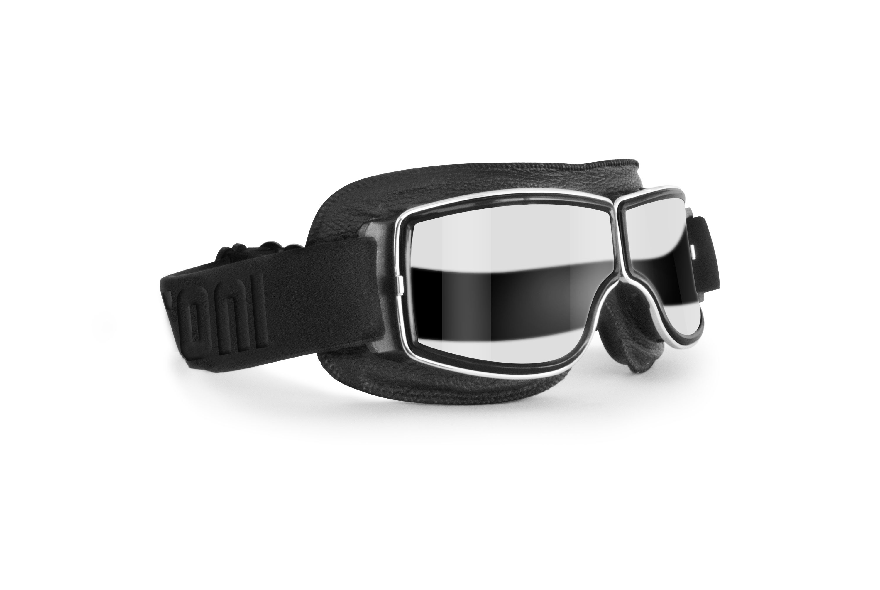 Black leather goggles with chrome metal frame - Compact design great for wearing with helmets | Bertoni Italy