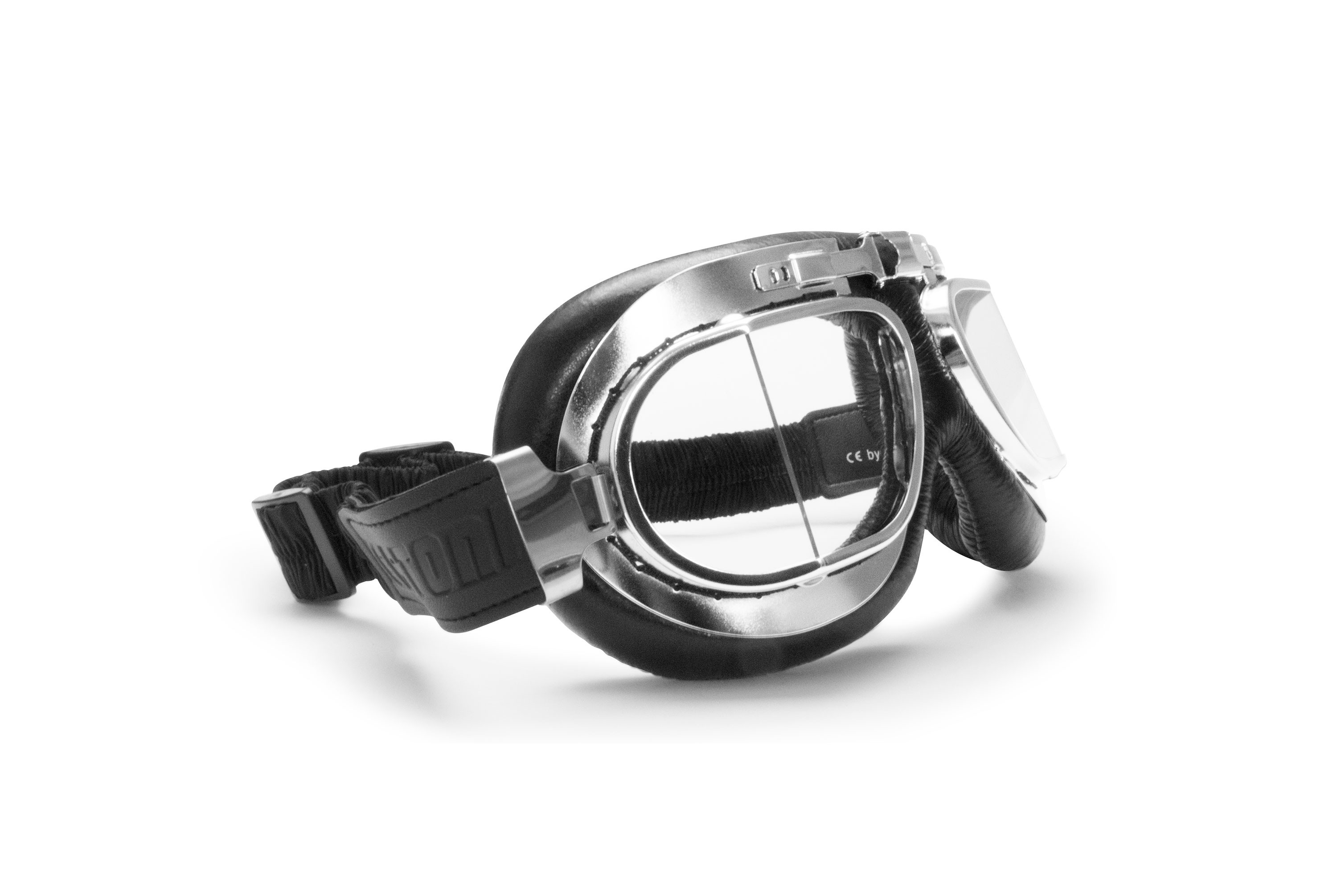 Vintage Motorcycle Goggles with Antifog and Anticrash Squared Lenses - Chrome Steel rim- by Bertoni Italy - AF193CR Black