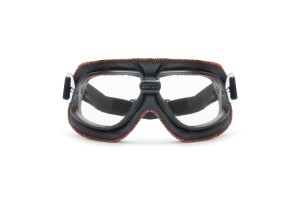 Vintage Motorcycle Goggles in Black Leather and Orange Stitching with Clear Lenses By Bertoni Italy - AF196B