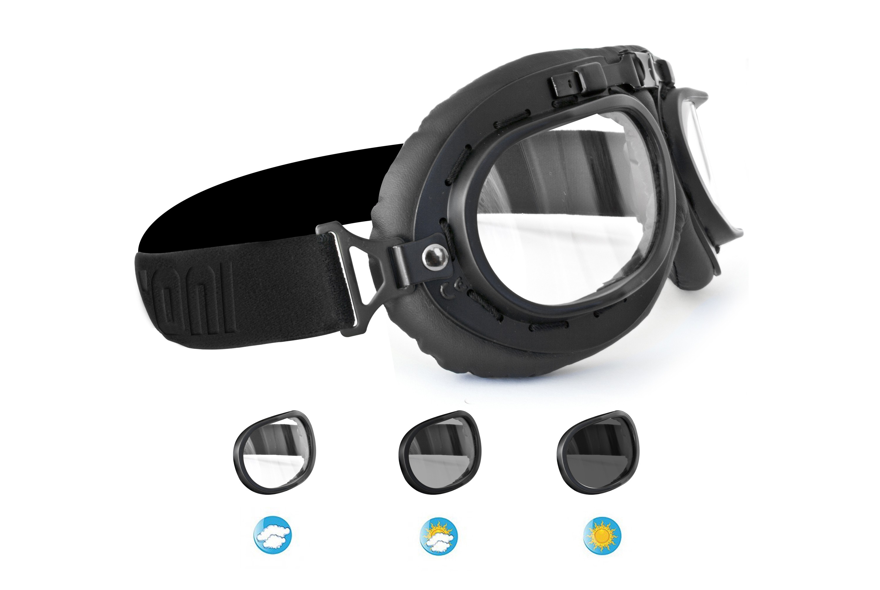 The one and lonely vintage motorcycle goggles with photochromic lenses from clear to smoke - it adapts to changes in light  | The Only One - Bertoni Italy